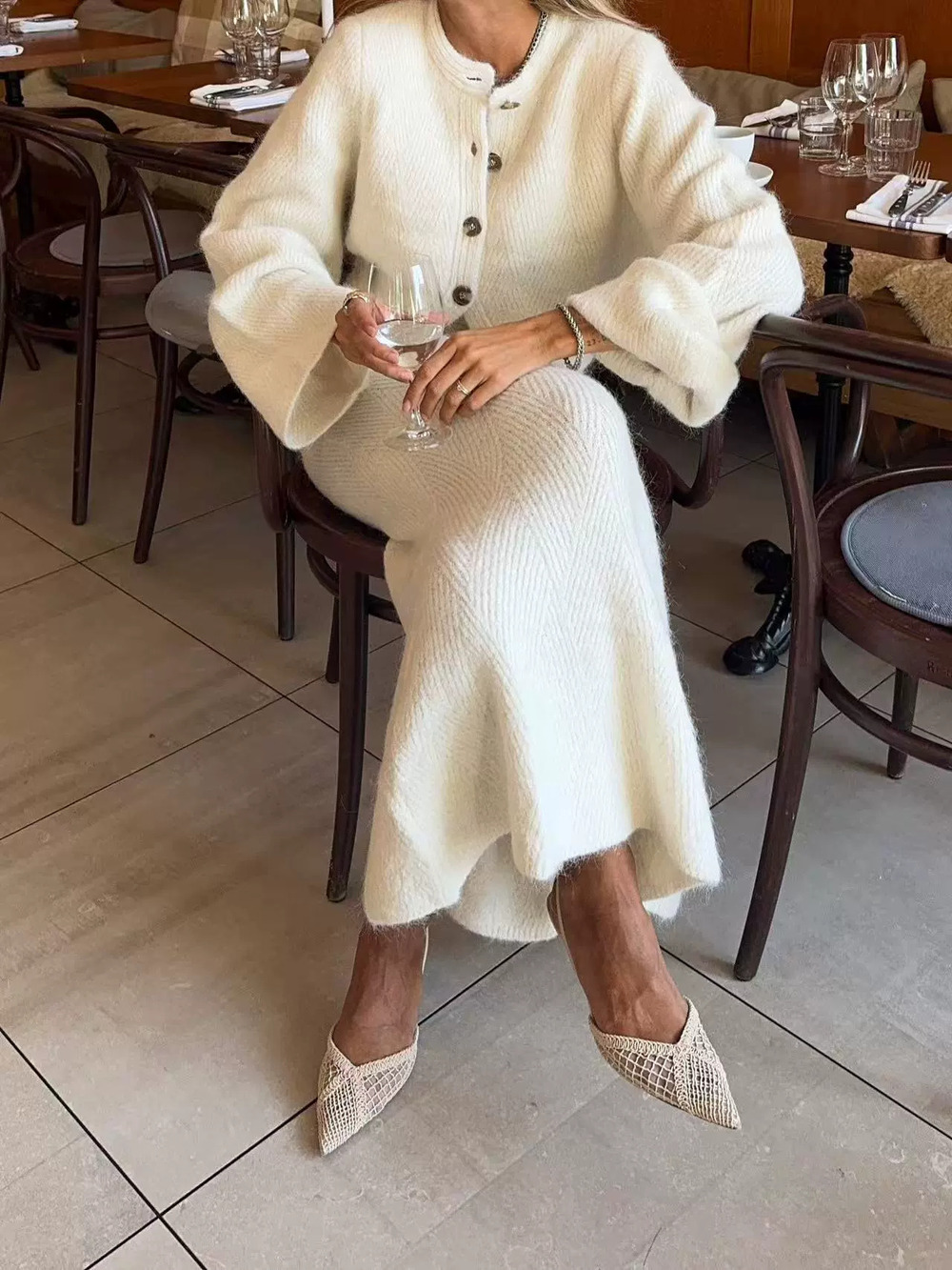 Zara New Knitted Cardigan and Long Sleeve Top 2-Piece Soft Round Neck White